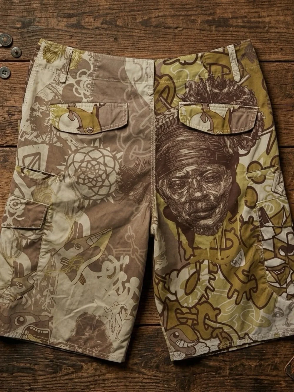 Reef Vintage AOP Tribal Graphic Green Brown Board Shorts 32 Retro Surf